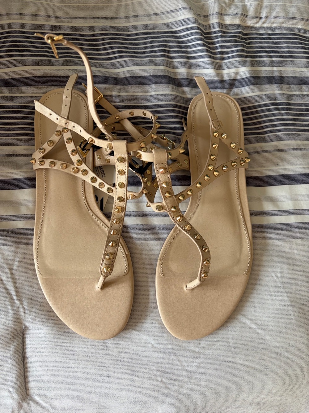 Zara Nude T-Strap Sandals with Gold Studs